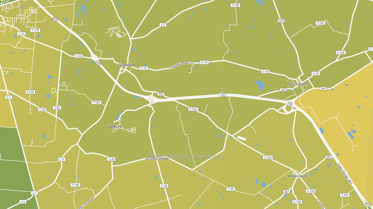 Map of the best neighborhoods in the 43360 area, with better matches in green and worse matches in red