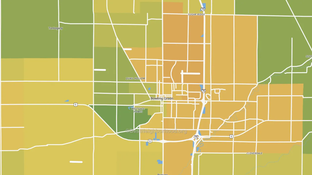 Map of the best neighborhoods in the 43402 area, with better matches in green and worse matches in red