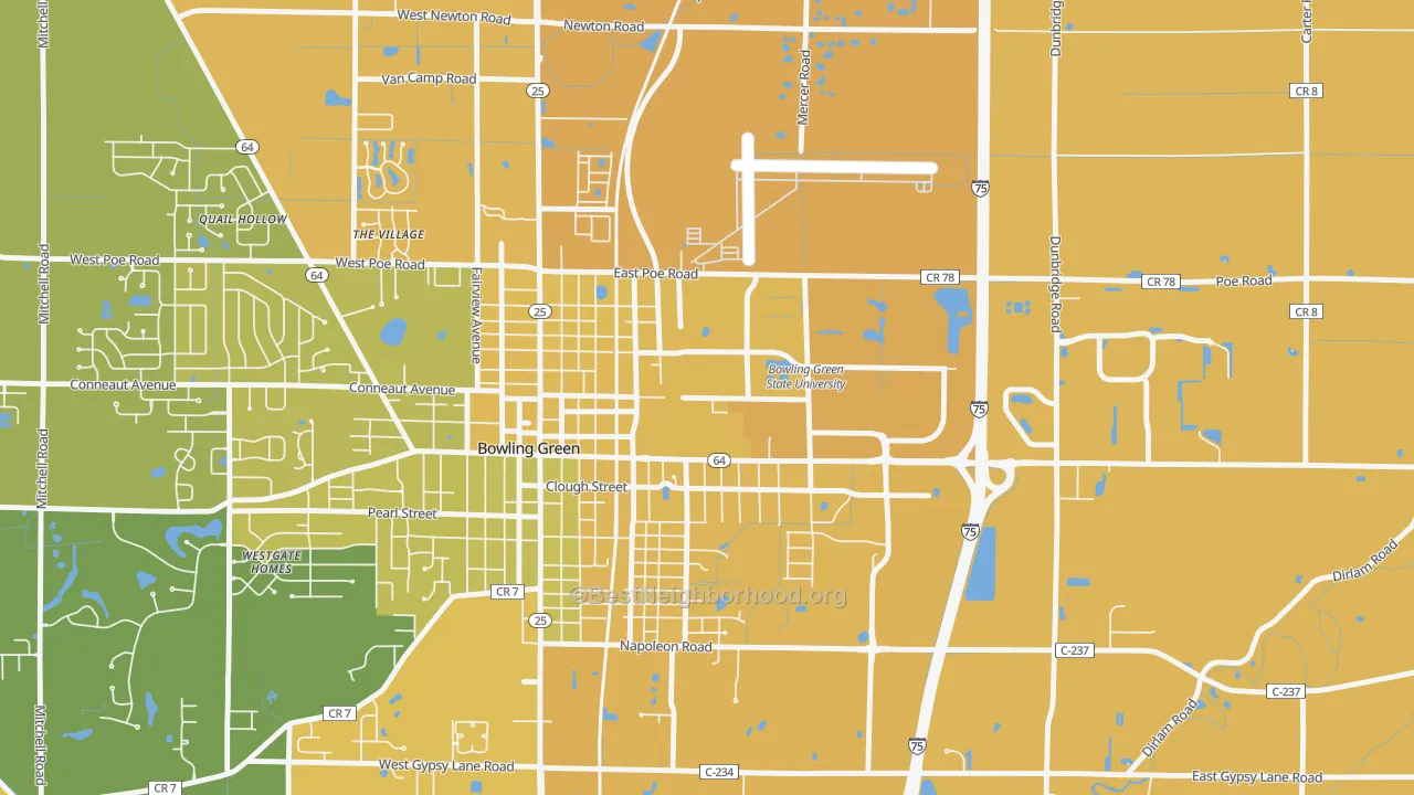 Map of the best neighborhoods in the 43403 area, with better matches in green and worse matches in red