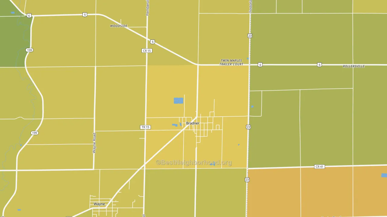 Map of the best neighborhoods in the 43406 area, with better matches in green and worse matches in red