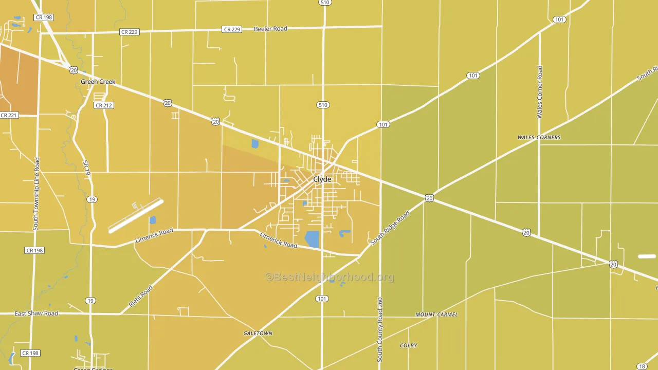 Map of the best neighborhoods in the 43410 area, with better matches in green and worse matches in red