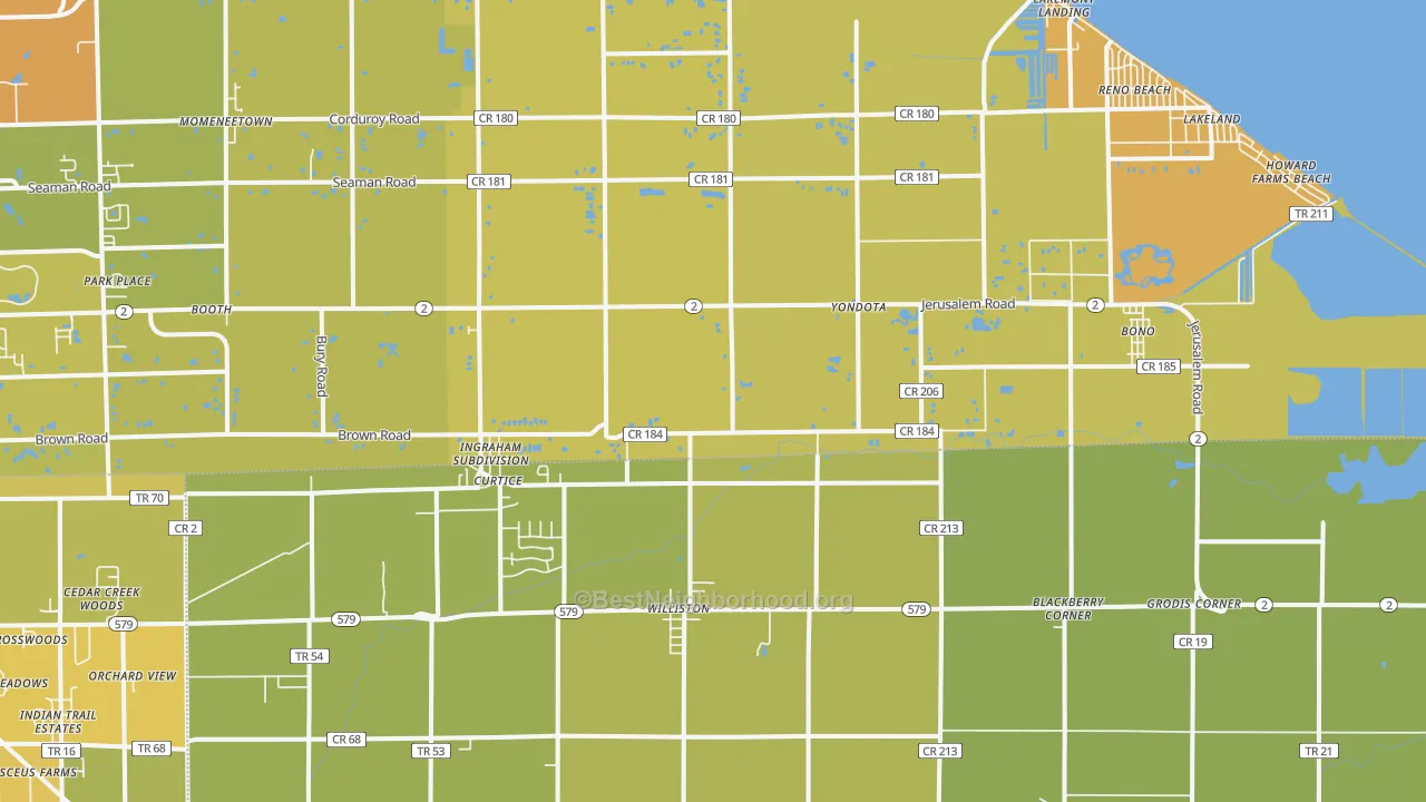 Map of the best neighborhoods in the 43412 area, with better matches in green and worse matches in red
