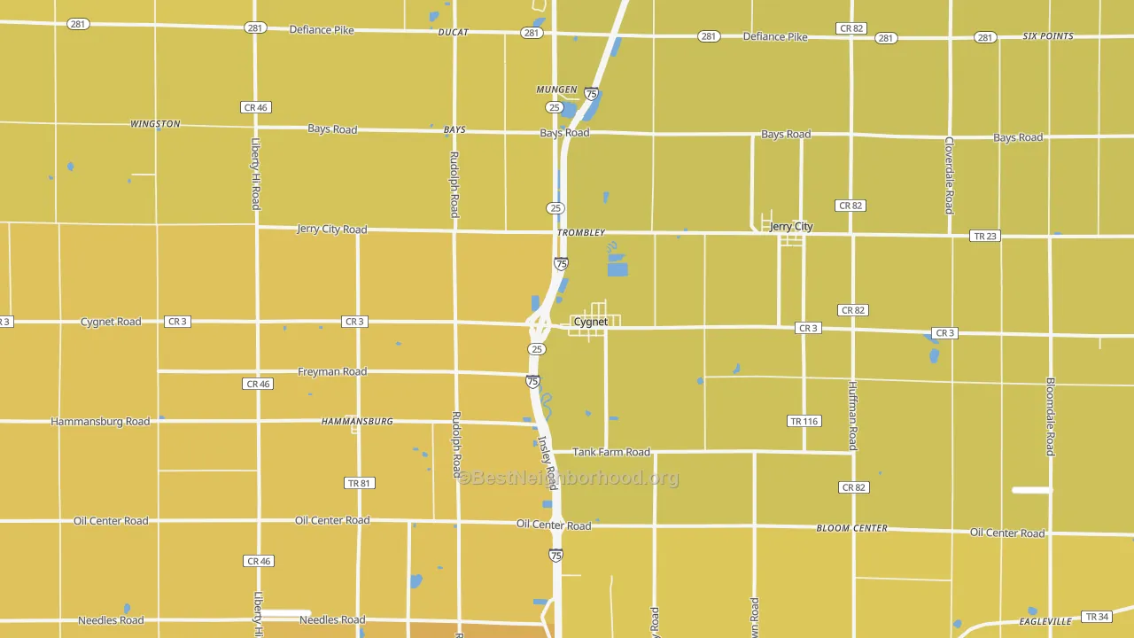 Map of the best neighborhoods in the 43413 area, with better matches in green and worse matches in red