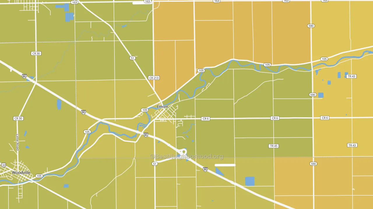 Map of the best neighborhoods in the 43416 area, with better matches in green and worse matches in red