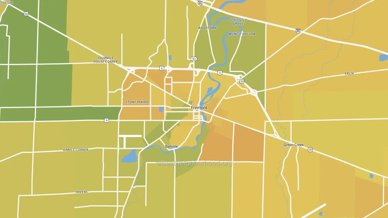 Map of the best neighborhoods in the 43420 area, with better matches in green and worse matches in red