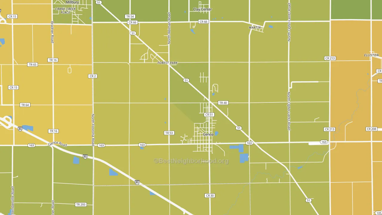 Map of the best neighborhoods in the 43430 area, with better matches in green and worse matches in red