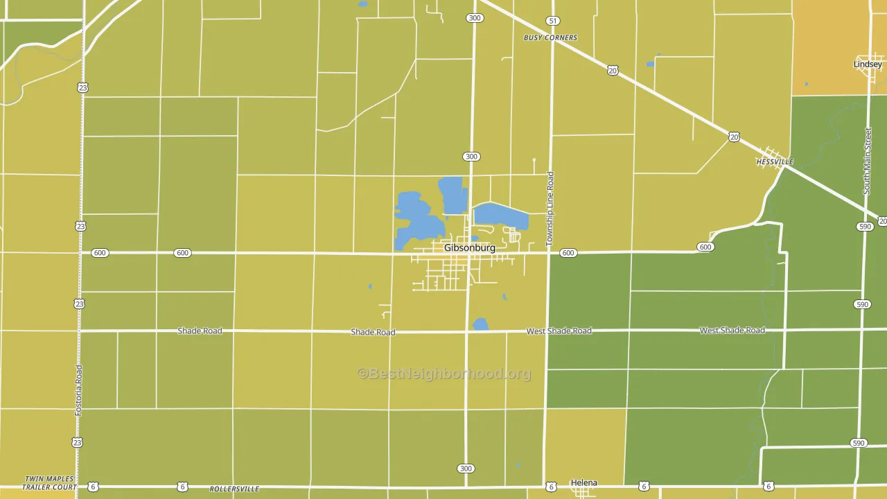 Map of the best neighborhoods in the 43431 area, with better matches in green and worse matches in red