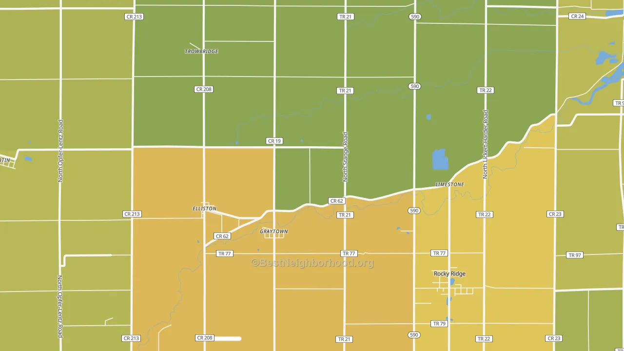 Map of the best neighborhoods in the 43432 area, with better matches in green and worse matches in red