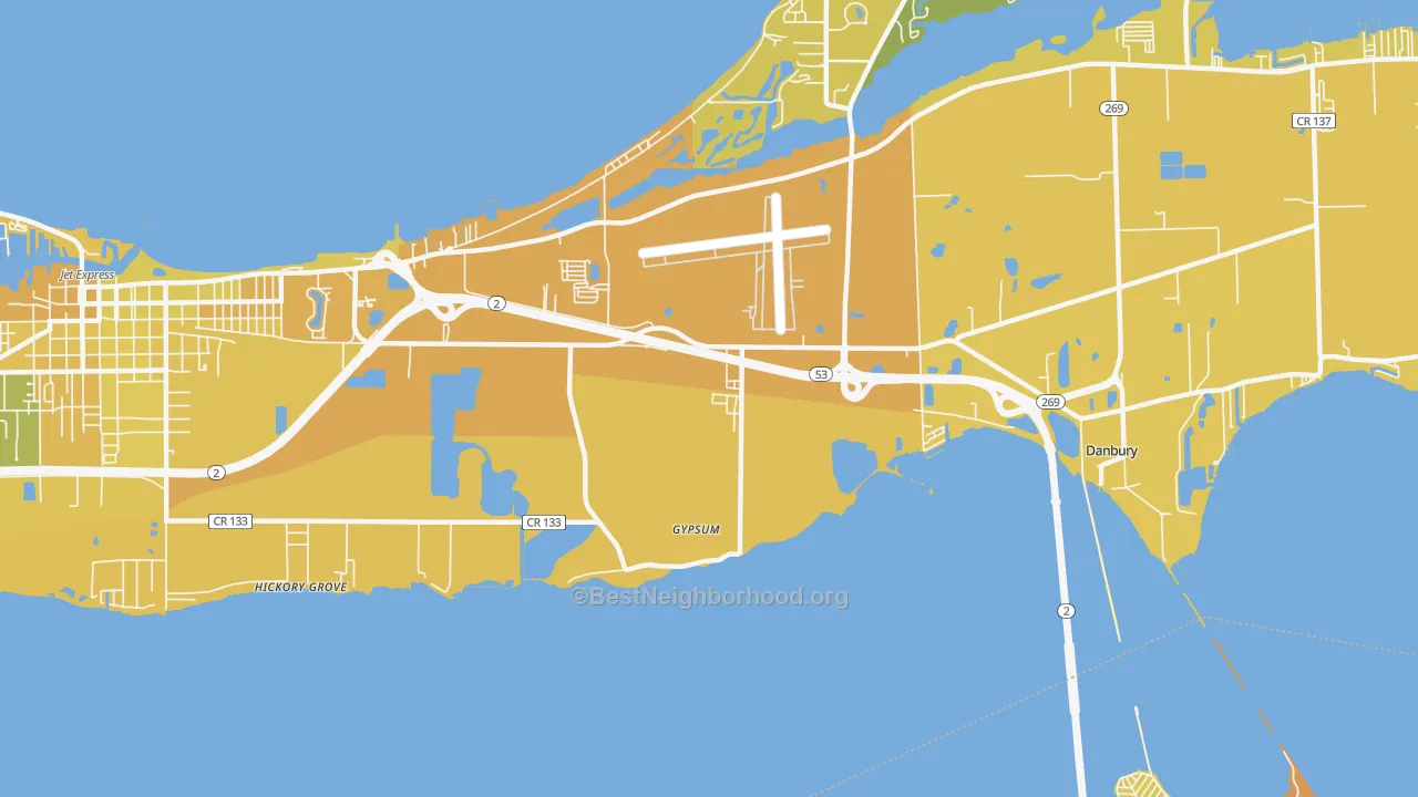 Map of the best neighborhoods in the 43433 area, with better matches in green and worse matches in red
