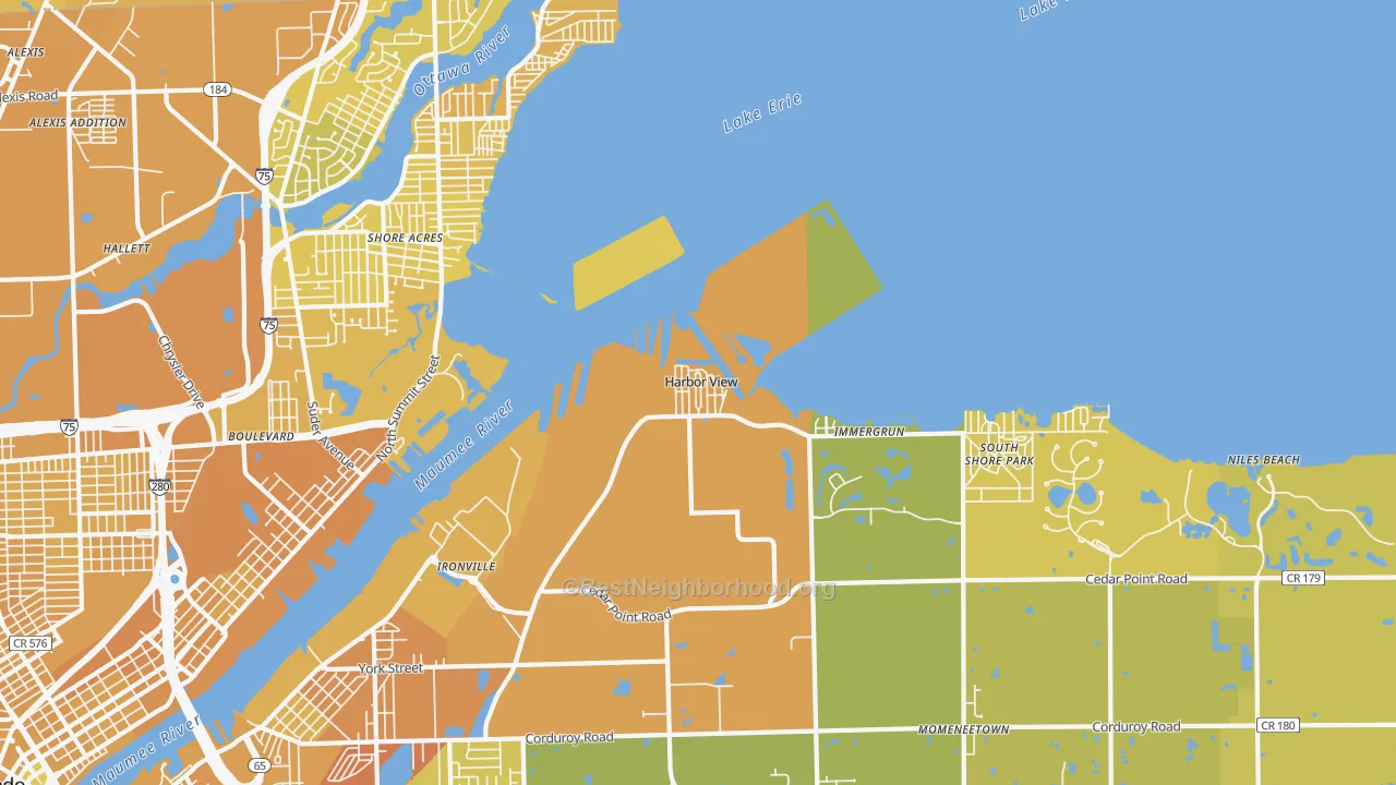 Map of the best neighborhoods in the 43434 area, with better matches in green and worse matches in red