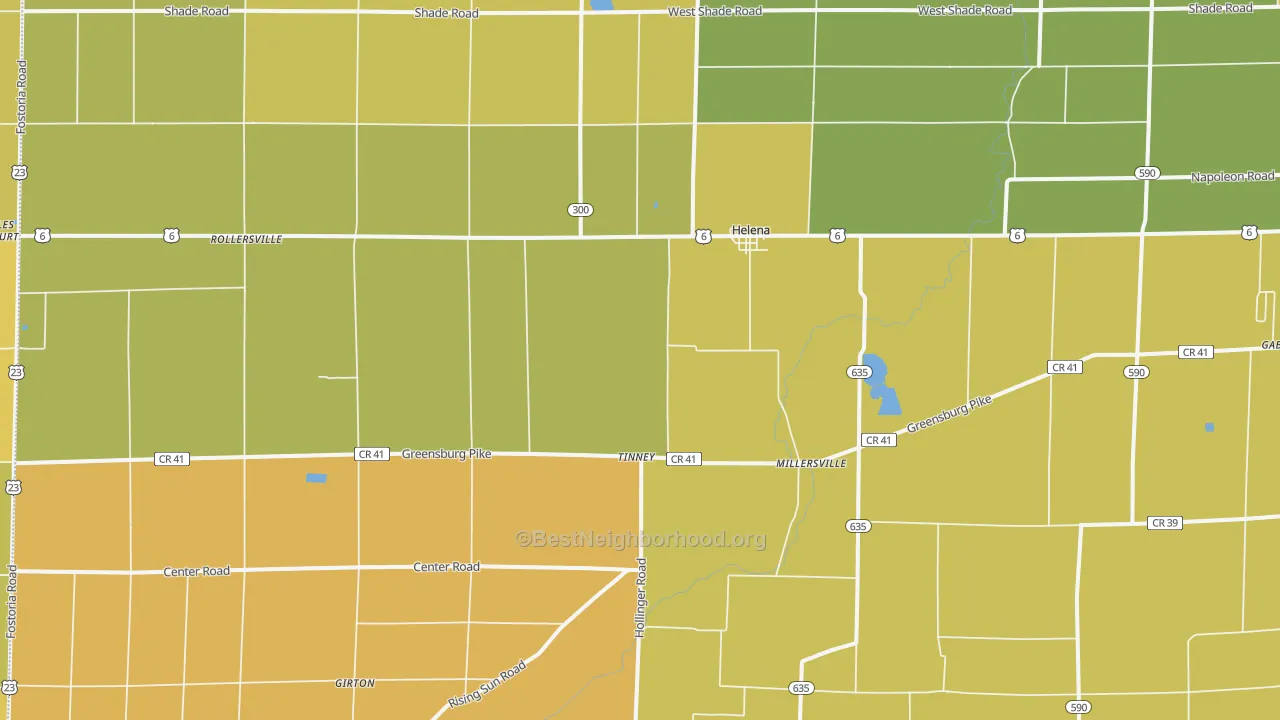Map of the best neighborhoods in the 43435 area, with better matches in green and worse matches in red