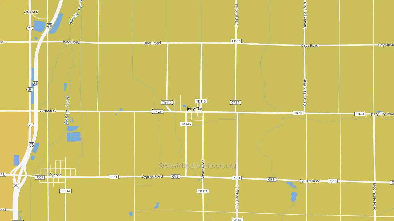 Map of the best neighborhoods in the 43437 area, with better matches in green and worse matches in red