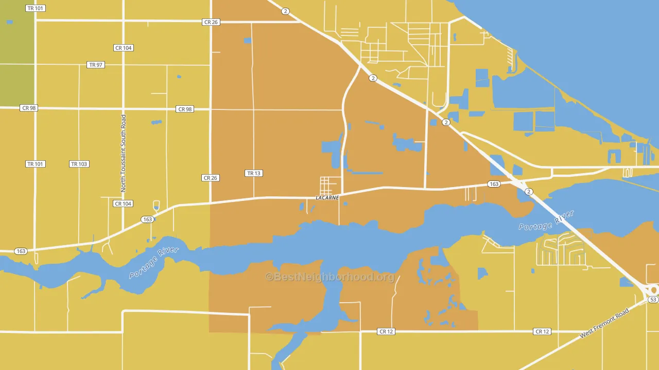 Map of the best neighborhoods in the 43439 area, with better matches in green and worse matches in red