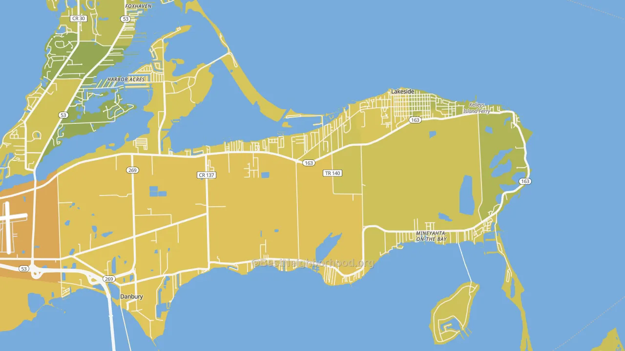 Map of the best neighborhoods in the 43440 area, with better matches in green and worse matches in red