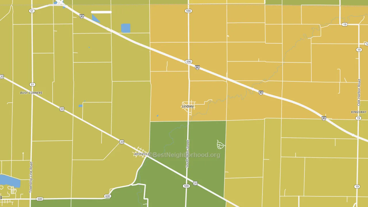 Map of the best neighborhoods in the 43442 area, with better matches in green and worse matches in red