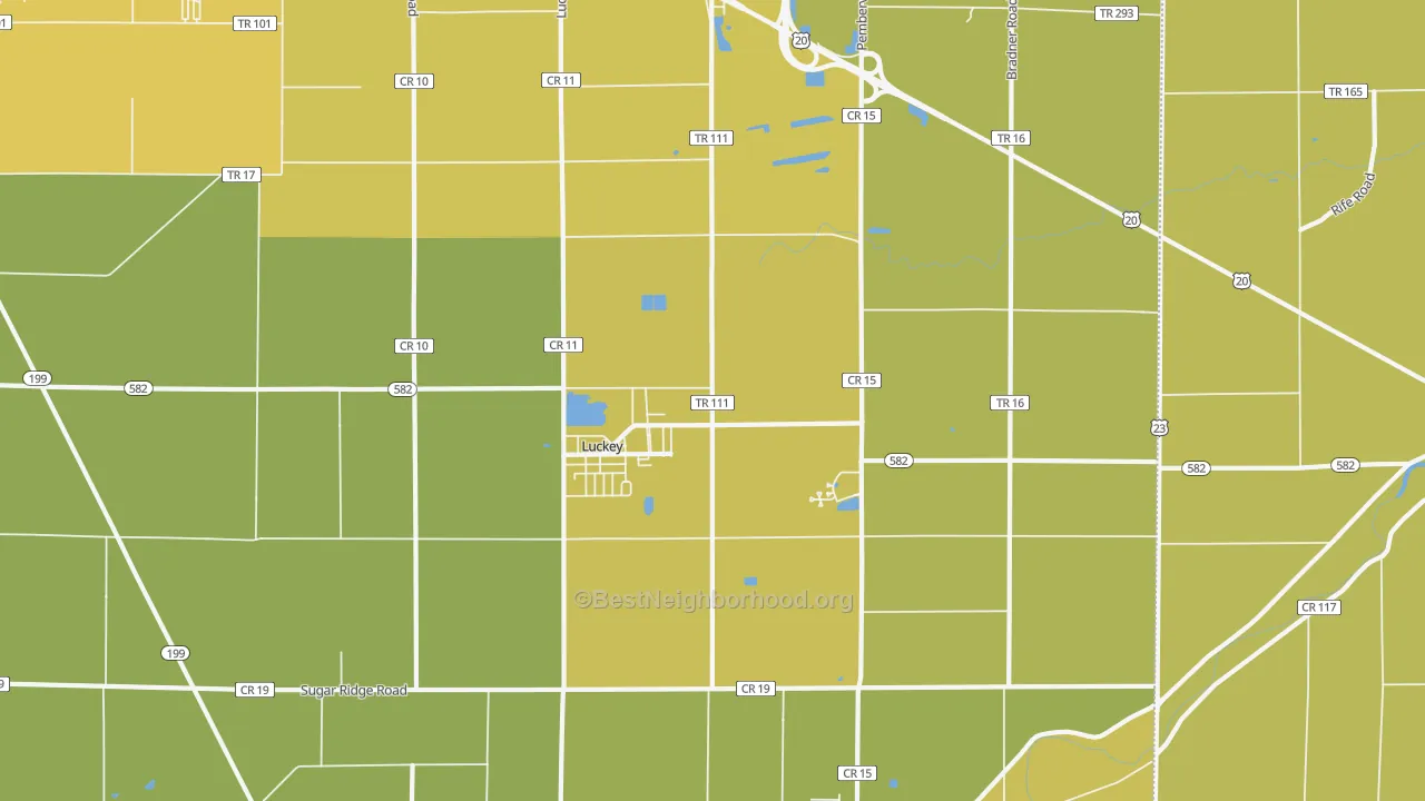 Map of the best neighborhoods in the 43443 area, with better matches in green and worse matches in red