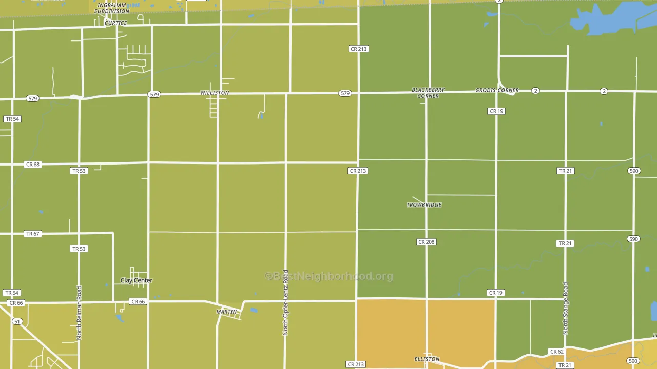 Map of the best neighborhoods in the 43445 area, with better matches in green and worse matches in red