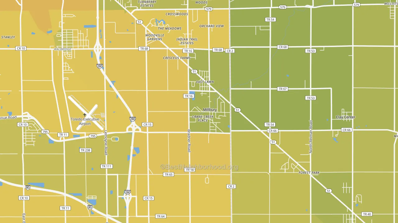 Map of the best neighborhoods in the 43447 area, with better matches in green and worse matches in red