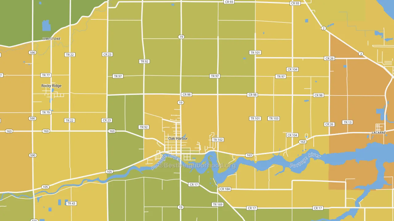 Map of the best neighborhoods in the 43449 area, with better matches in green and worse matches in red