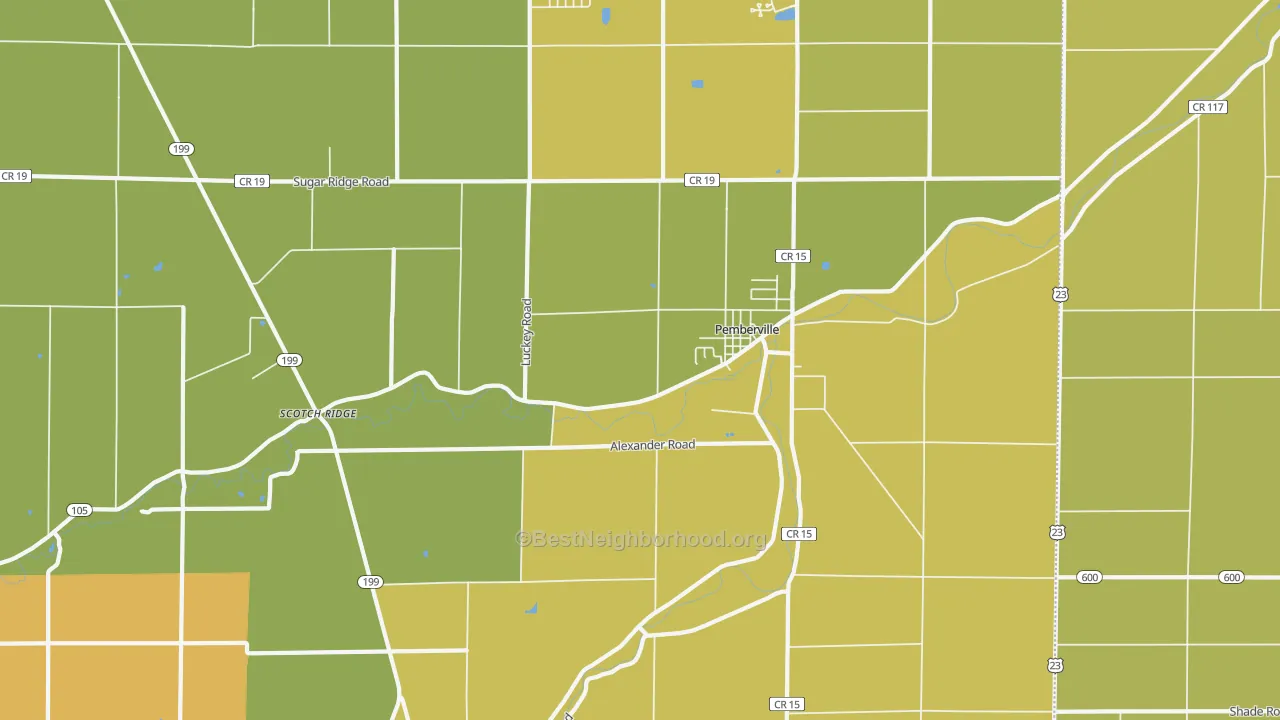 Map of the best neighborhoods in the 43450 area, with better matches in green and worse matches in red