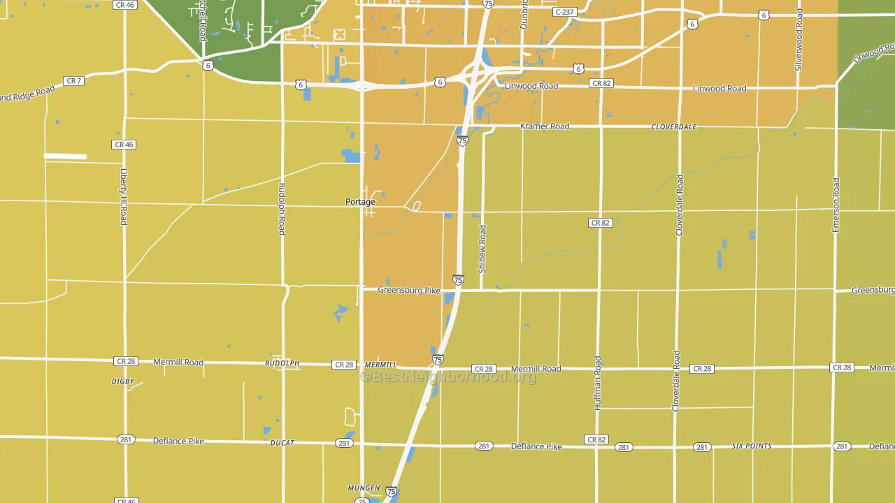 Map of the best neighborhoods in the 43451 area, with better matches in green and worse matches in red
