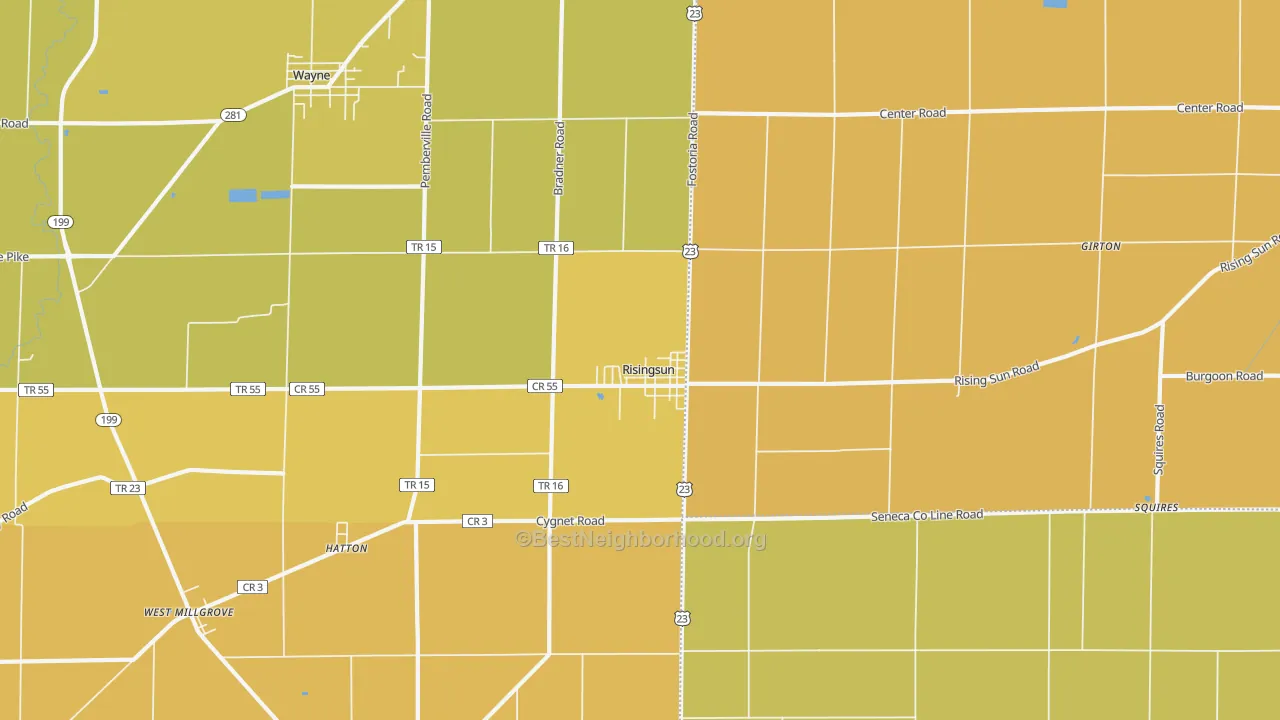 Map of the best neighborhoods in the 43457 area, with better matches in green and worse matches in red