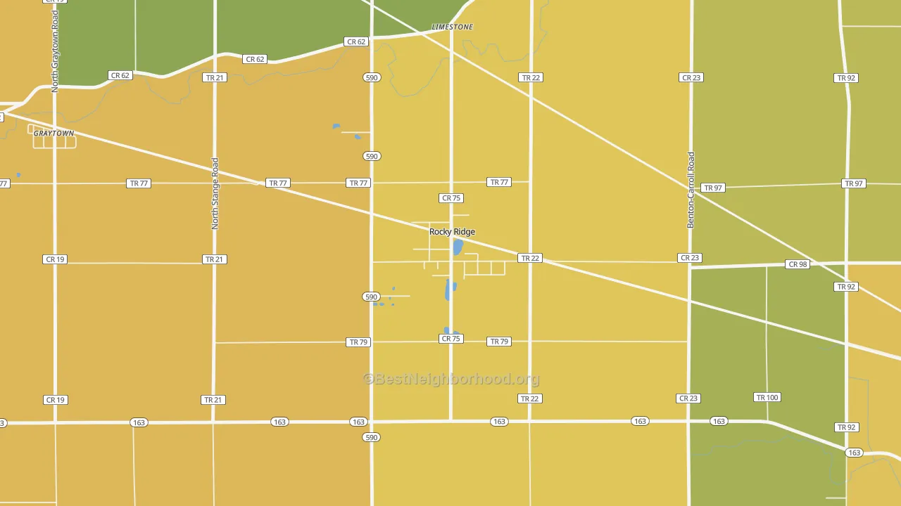 Map of the best neighborhoods in the 43458 area, with better matches in green and worse matches in red