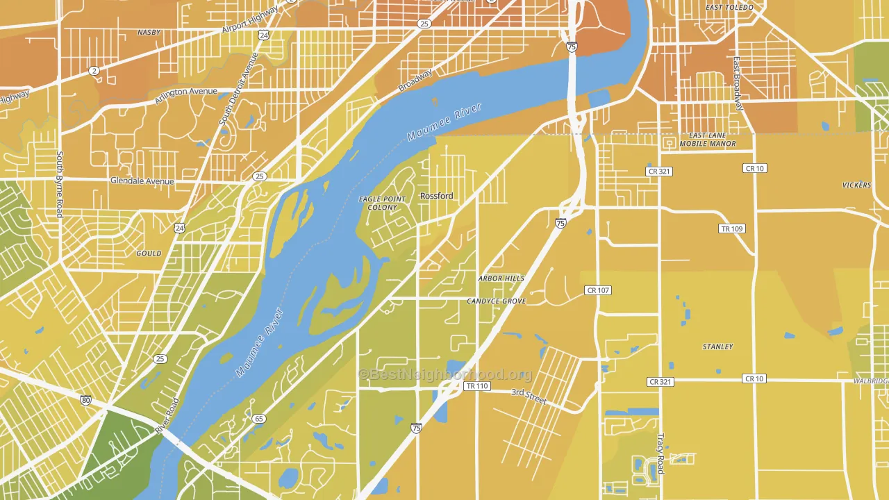 Map of the best neighborhoods in the 43460 area, with better matches in green and worse matches in red
