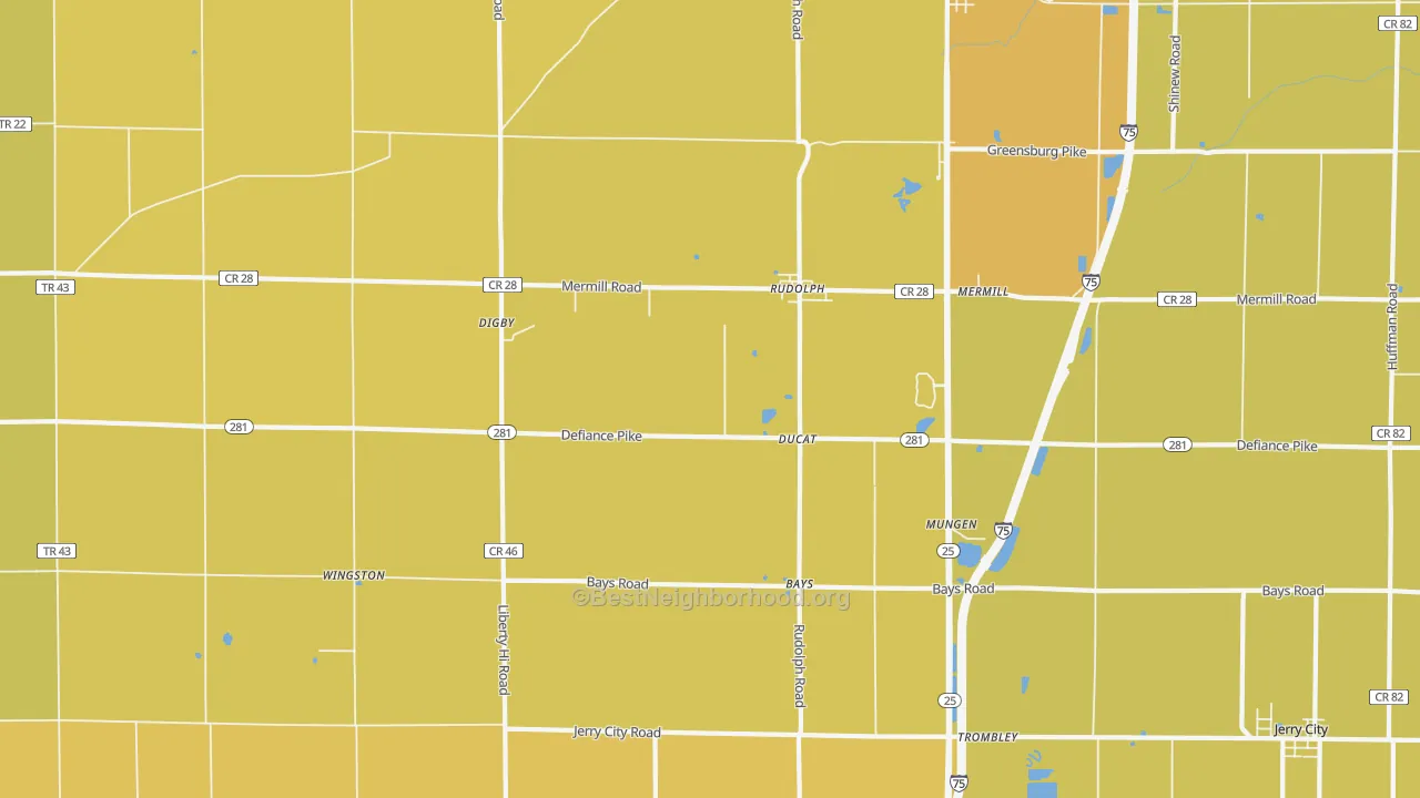Map of the best neighborhoods in the 43462 area, with better matches in green and worse matches in red