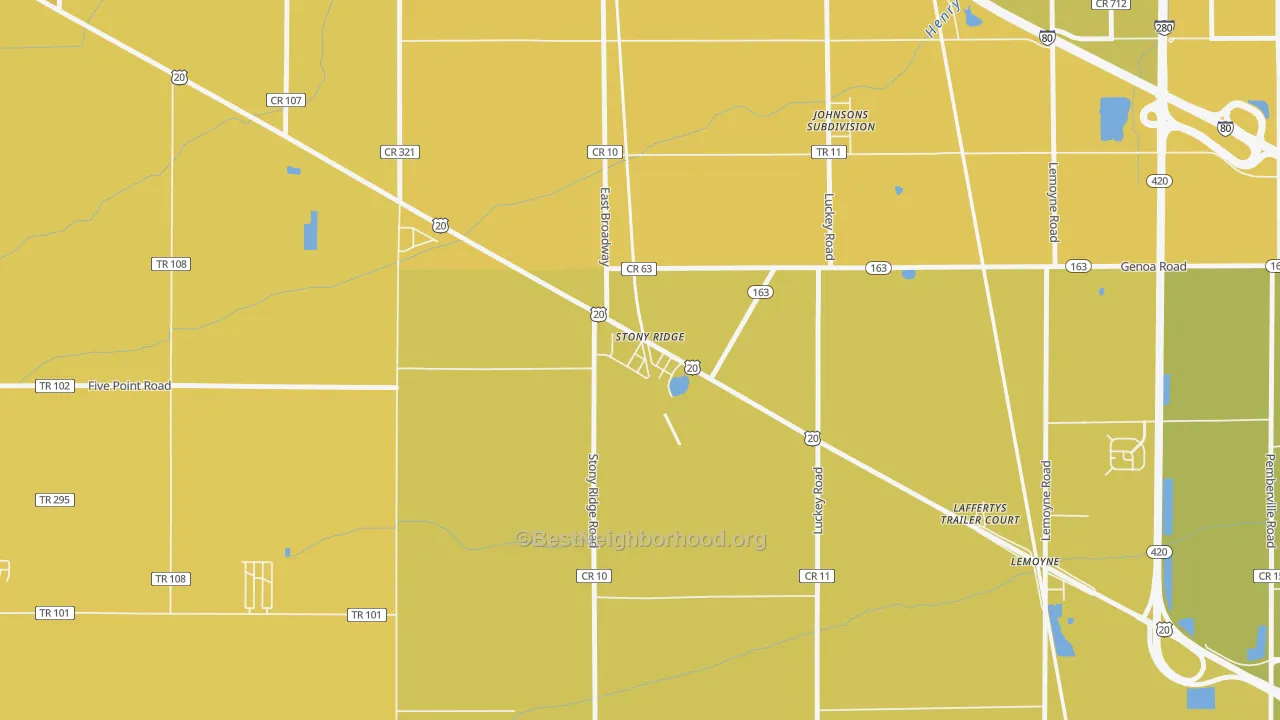 Map of the best neighborhoods in the 43463 area, with better matches in green and worse matches in red