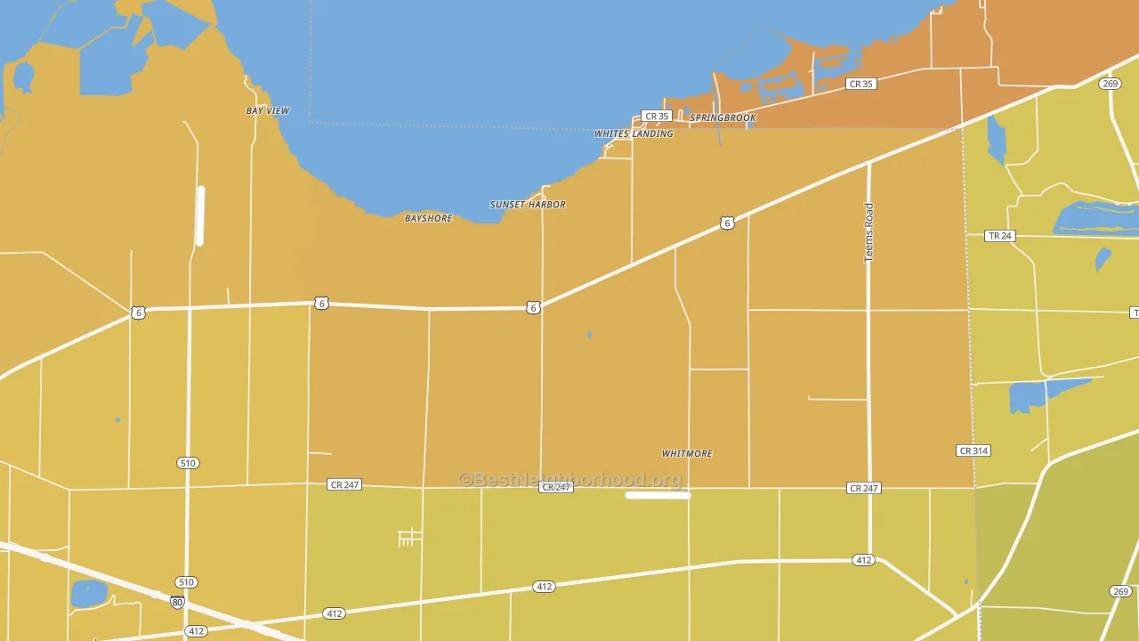 Map of the best neighborhoods in the 43464 area, with better matches in green and worse matches in red