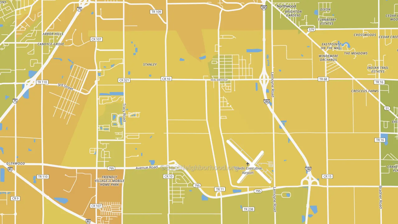 Map of the best neighborhoods in the 43465 area, with better matches in green and worse matches in red