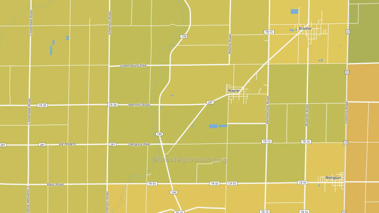 Map of the best neighborhoods in the 43466 area, with better matches in green and worse matches in red