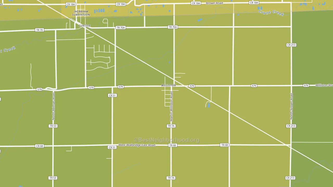 Map of the best neighborhoods in the 43468 area, with better matches in green and worse matches in red
