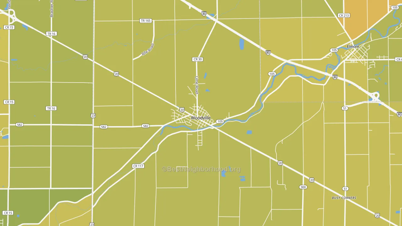 Map of the best neighborhoods in the 43469 area, with better matches in green and worse matches in red