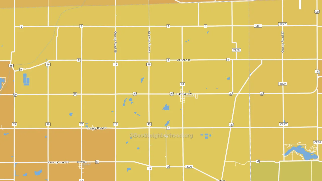 Map of the best neighborhoods in the 43501 area, with better matches in green and worse matches in red