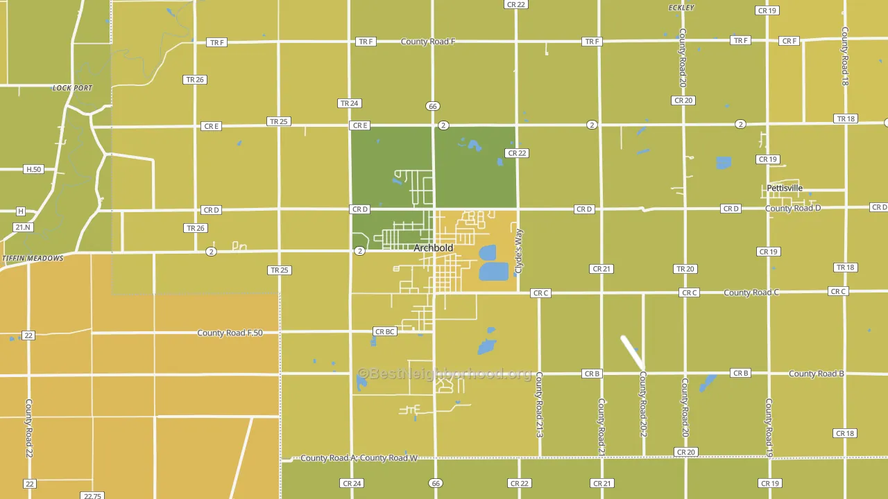 Map of the best neighborhoods in the 43502 area, with better matches in green and worse matches in red