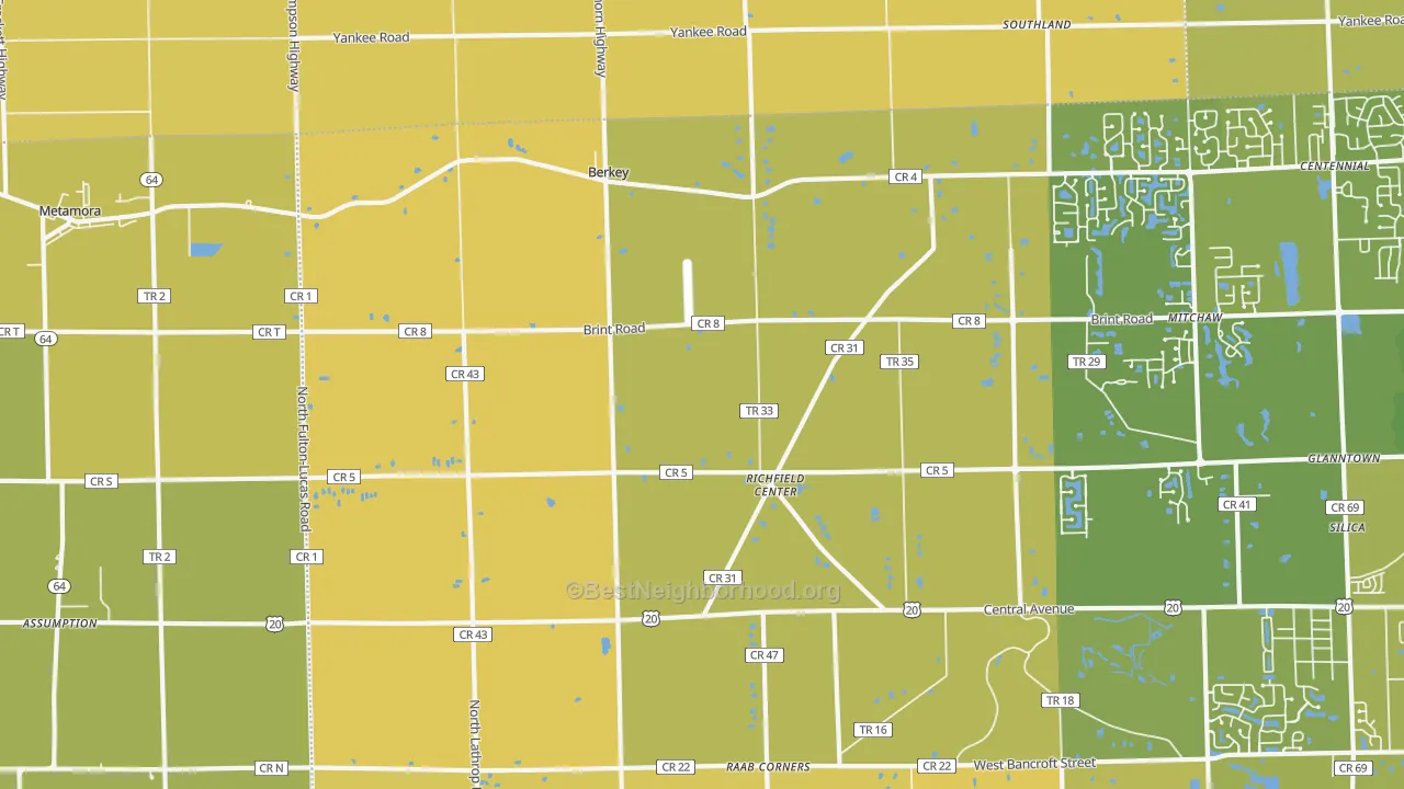 Map of the best neighborhoods in the 43504 area, with better matches in green and worse matches in red