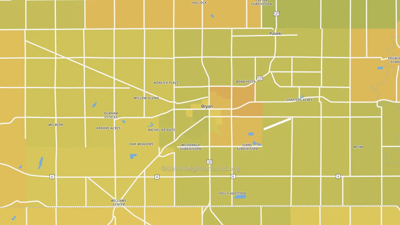Map of the best neighborhoods in the 43506 area, with better matches in green and worse matches in red