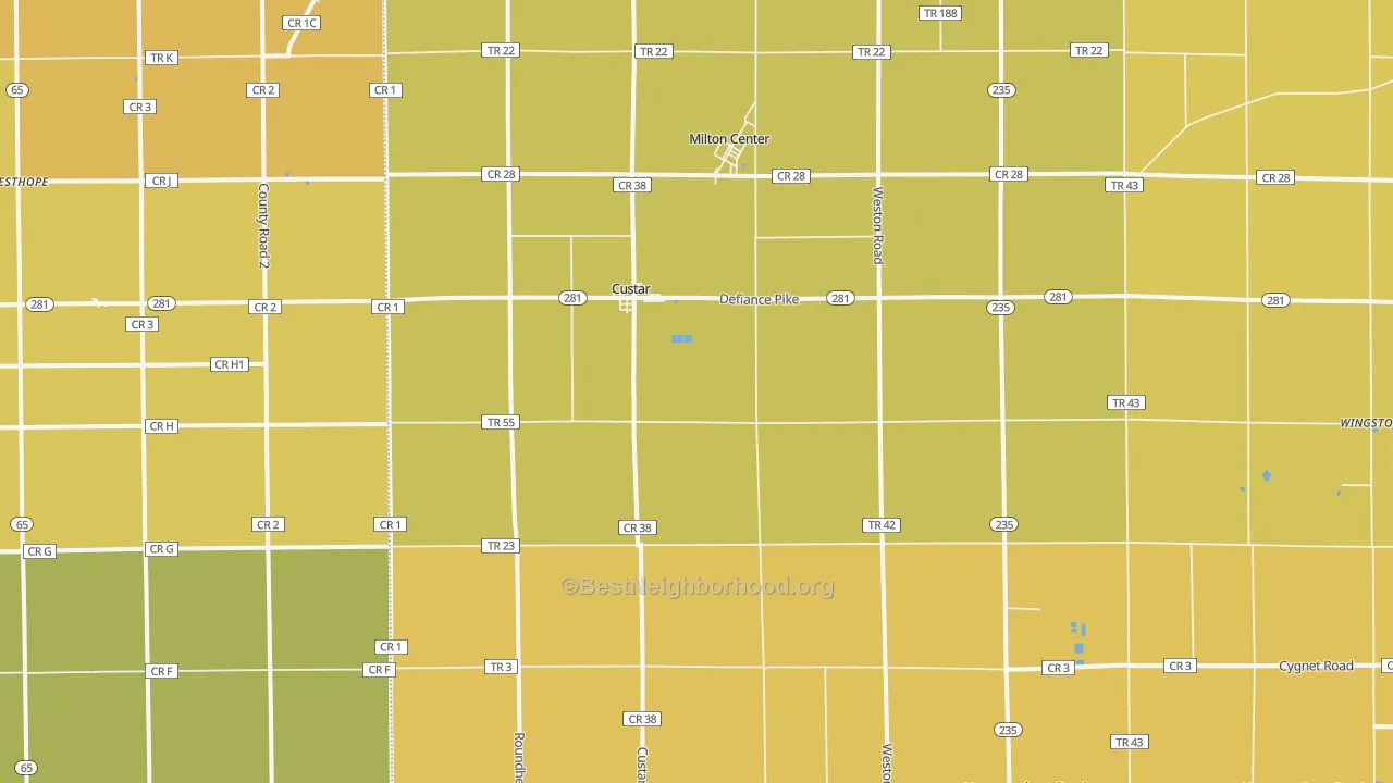 Map of the best neighborhoods in the 43511 area, with better matches in green and worse matches in red
