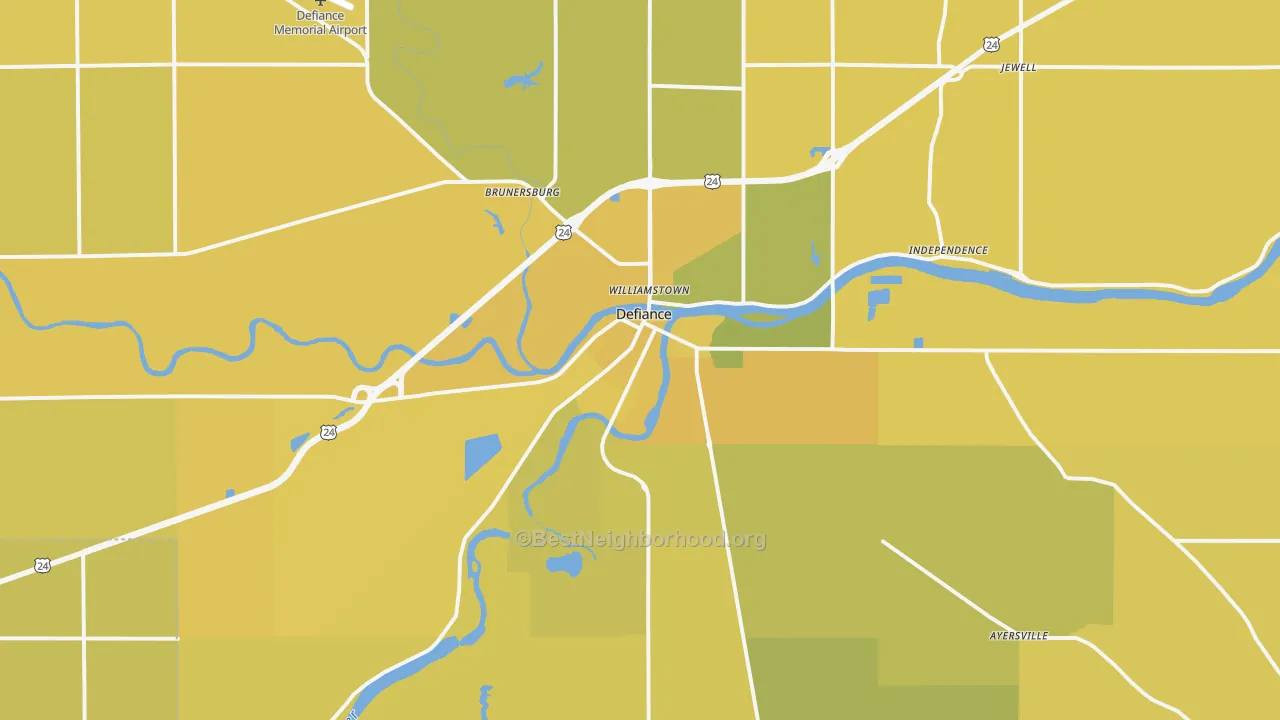 Map of the best neighborhoods in the 43512 area, with better matches in green and worse matches in red