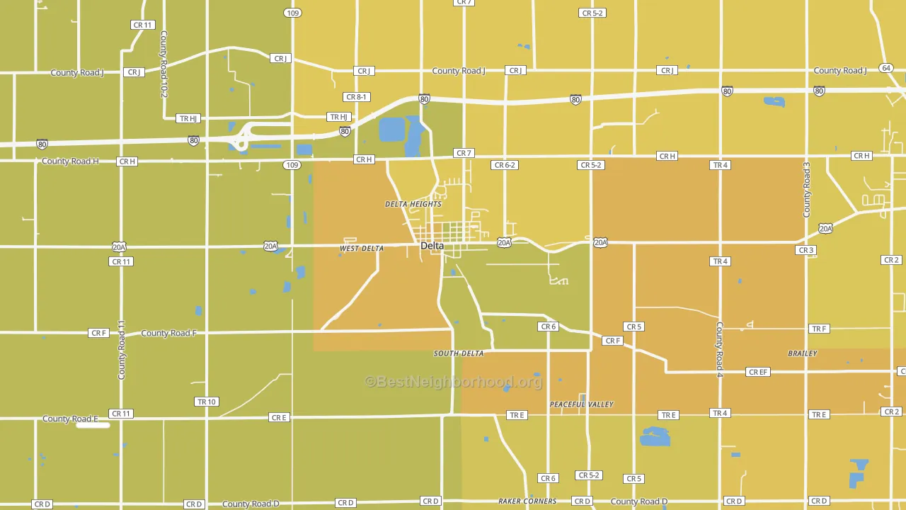 Map of the best neighborhoods in the 43515 area, with better matches in green and worse matches in red