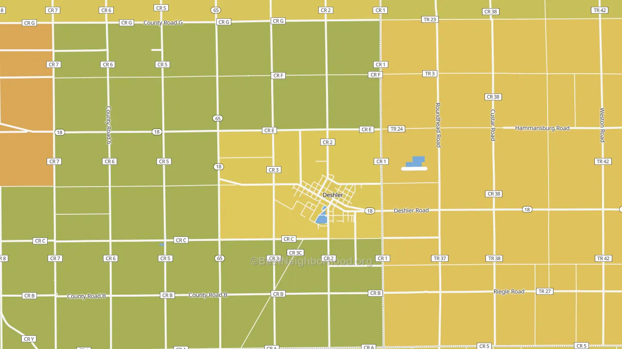 Map of the best neighborhoods in the 43516 area, with better matches in green and worse matches in red