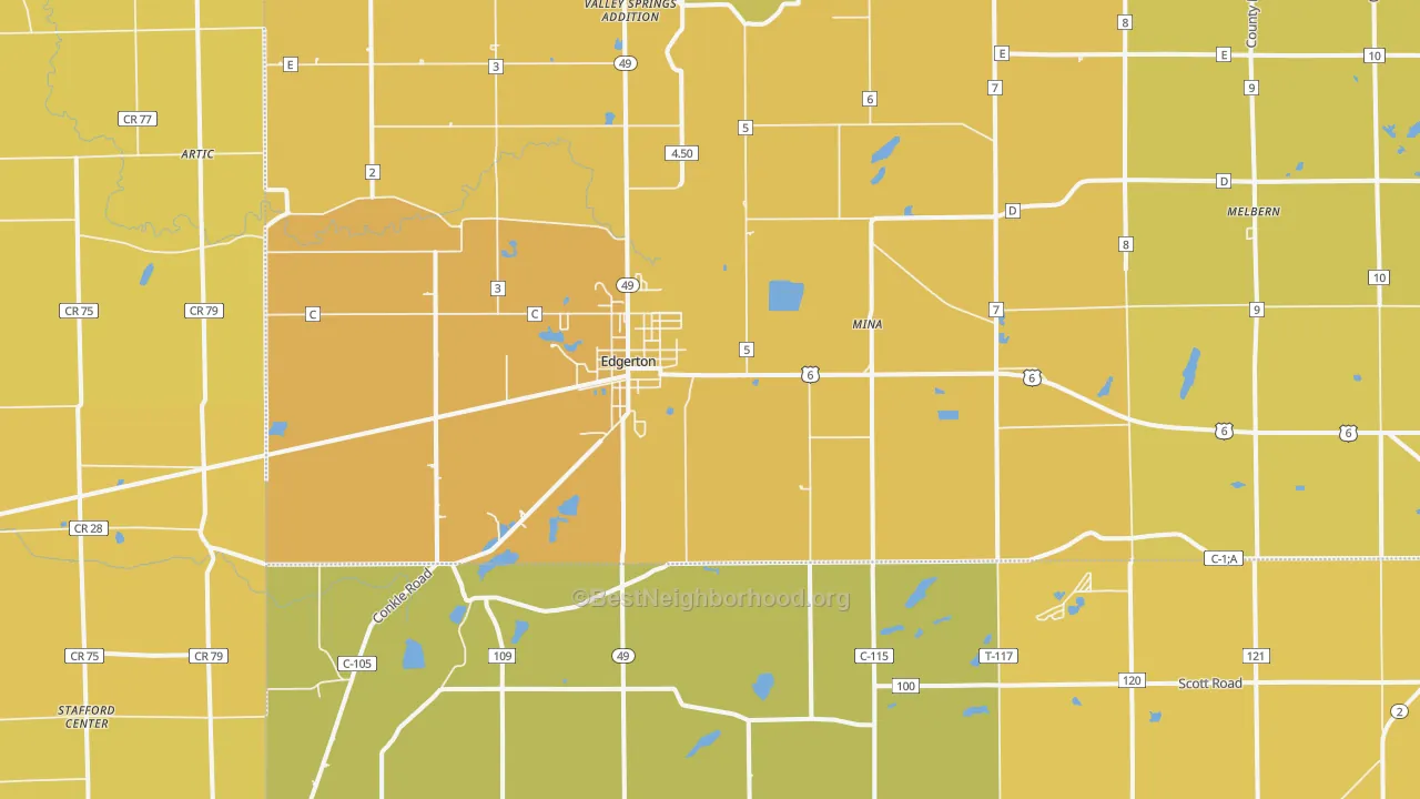 Map of the best neighborhoods in the 43517 area, with better matches in green and worse matches in red