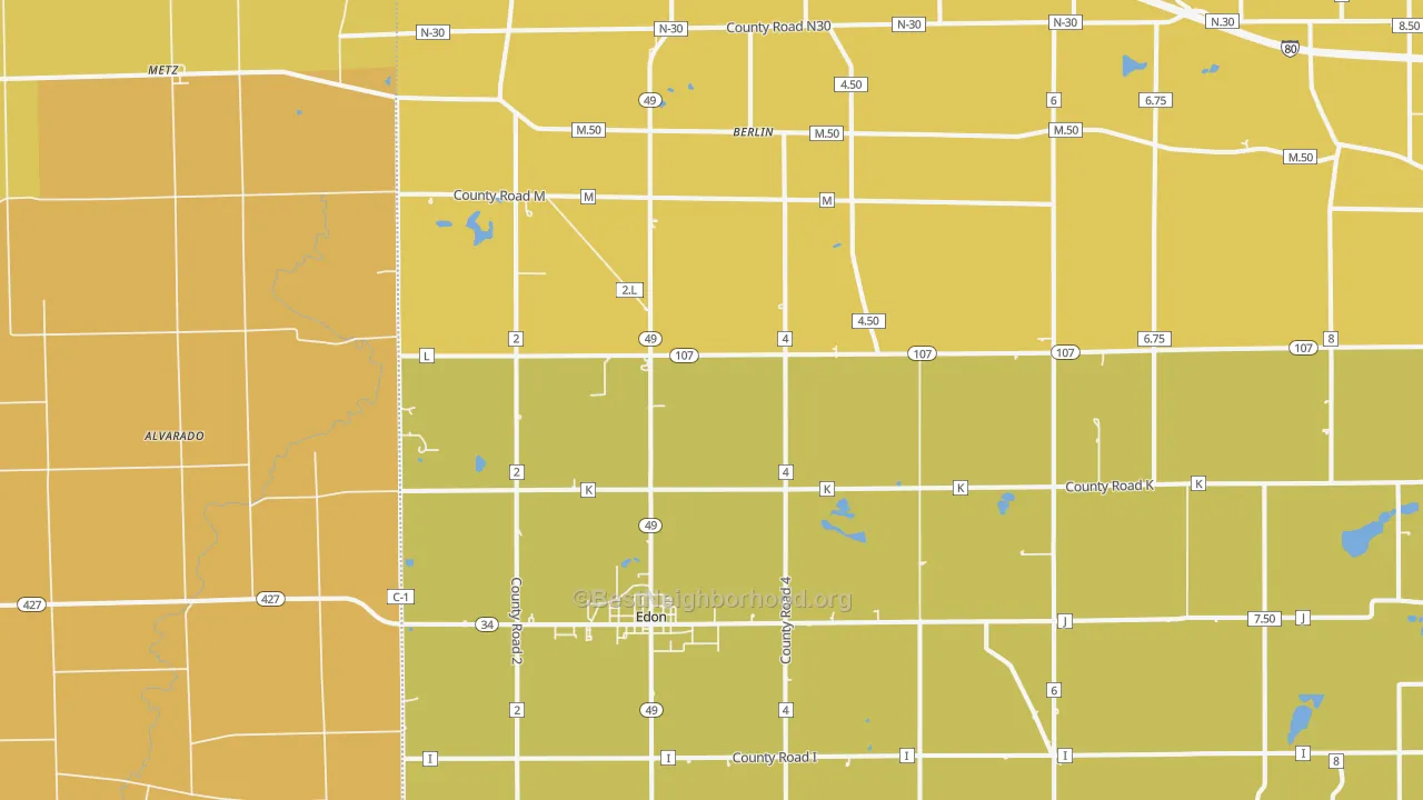 Map of the best neighborhoods in the 43518 area, with better matches in green and worse matches in red