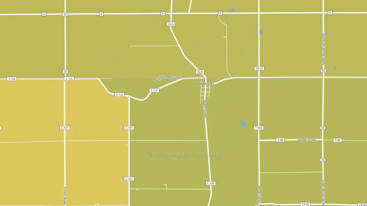 Map of the best neighborhoods in the 43519 area, with better matches in green and worse matches in red