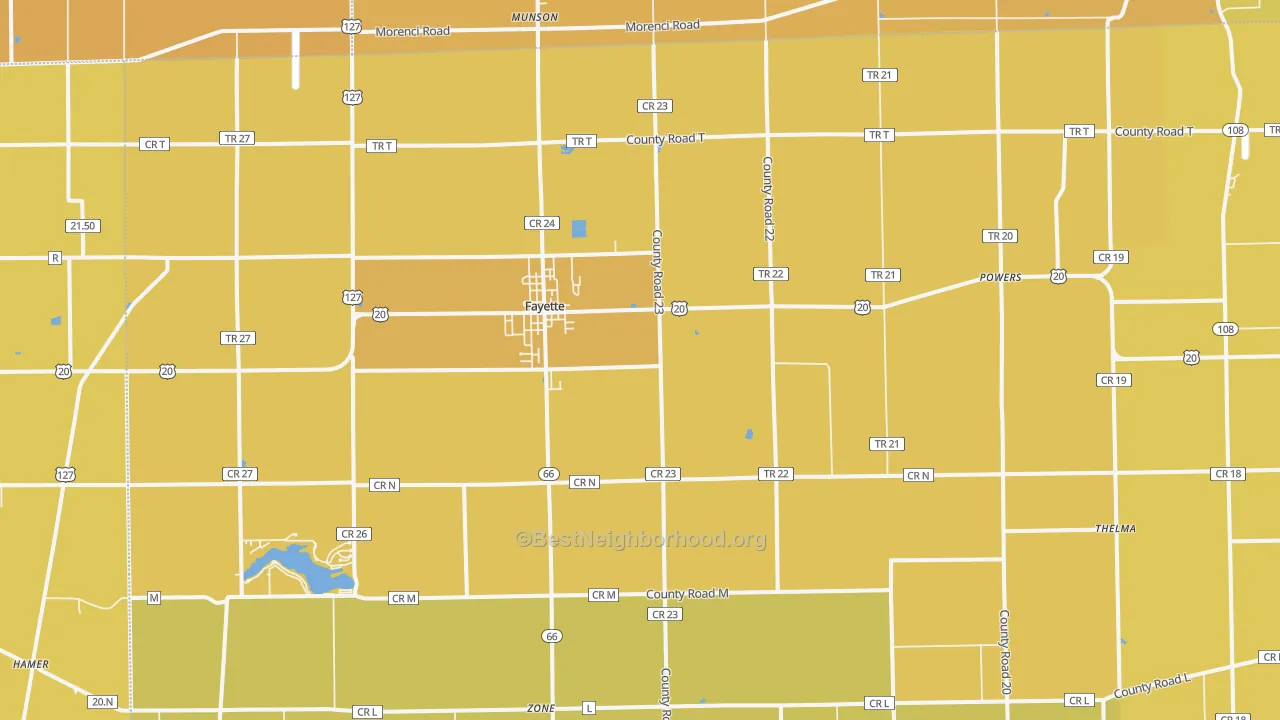 Map of the best neighborhoods in the 43521 area, with better matches in green and worse matches in red