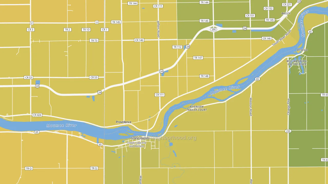 Map of the best neighborhoods in the 43522 area, with better matches in green and worse matches in red