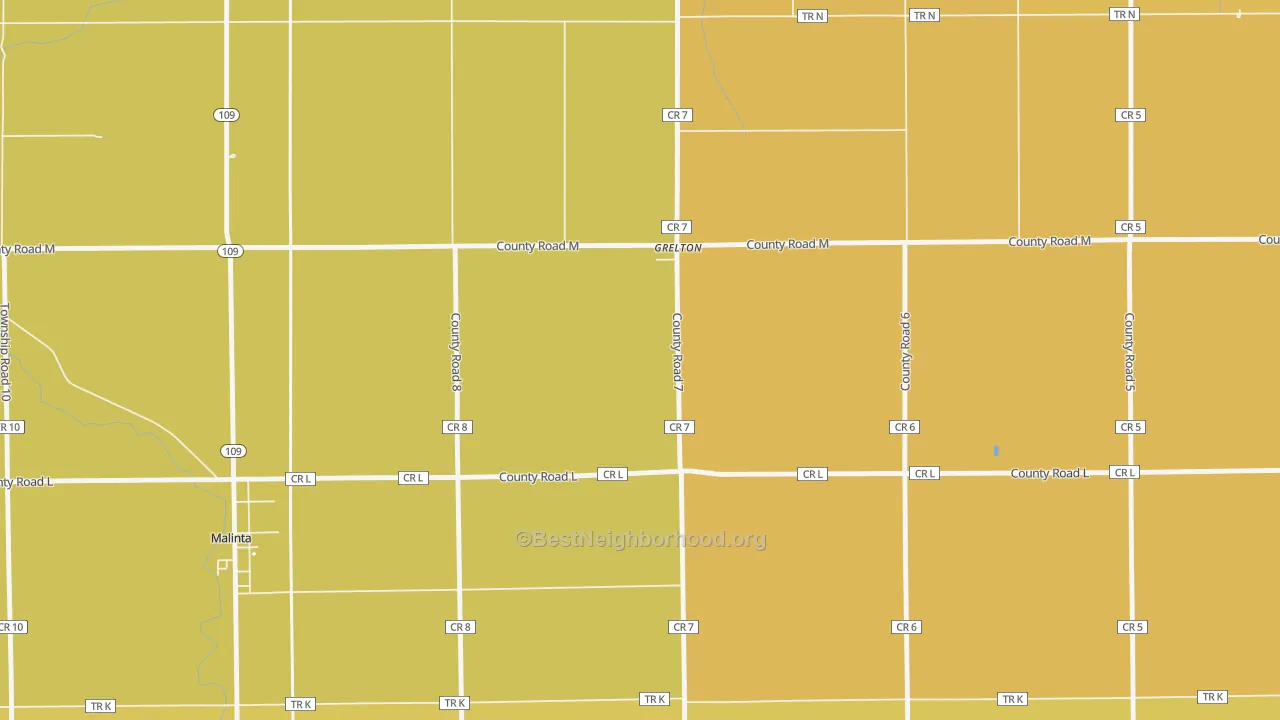 Map of the best neighborhoods in the 43523 area, with better matches in green and worse matches in red
