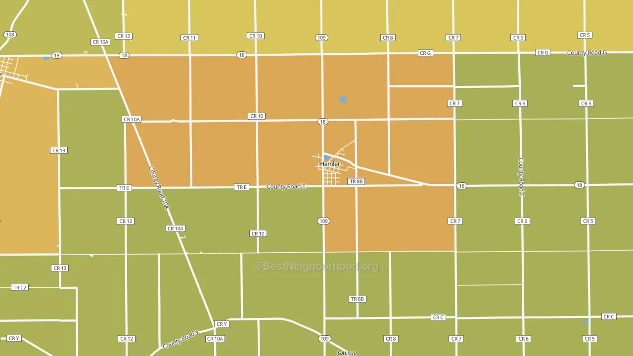 Map of the best neighborhoods in the 43524 area, with better matches in green and worse matches in red